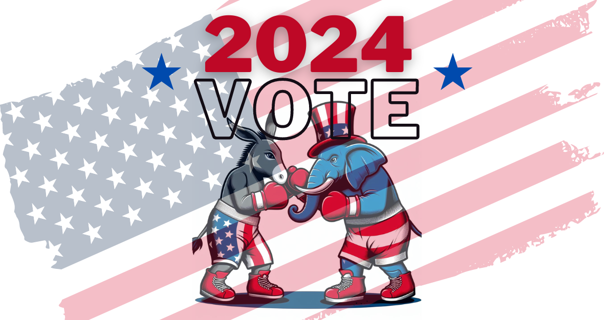 Red, white, and blue donkey and elephant boxing for the 2024 election.